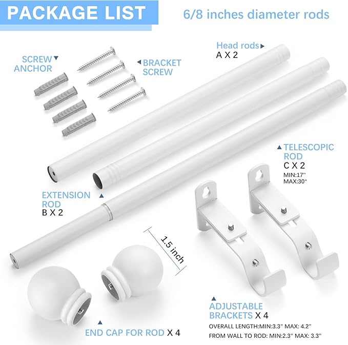 Curtain Rods for Windows 16 to 48 Inches, Curtain Rod Max Adjustable Length of 60 IN, 6/8" Diameter Drapery Rods Round Finials, White, Pack of 2