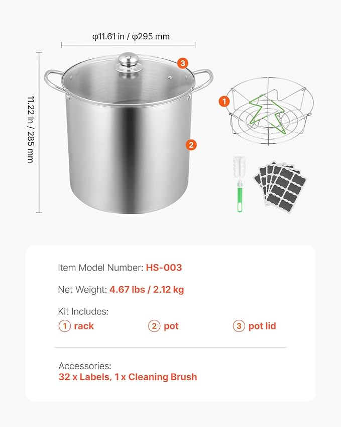 VEVOR 21 QT Canning Pot with Rack and Lid, Stainless Steel Waterbath Canner with Dual Handle and Glass Lid, Compatible with All Cooktops: Induction, Gas, Electric, Glass, Ceramic, Halogen