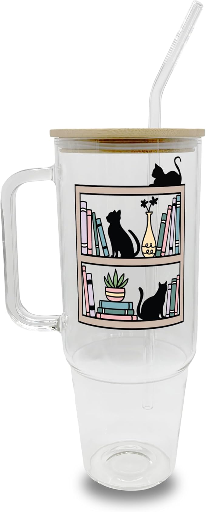 Sip-Sip Hooray! 40oz Cats on Bookshelf Glass Tumbler with Lid and Straw, Book Lover Gift, Booktok, Gift For Reader Drinkware Handmade Aesthetic Coffee Beverage Mug Tumblers