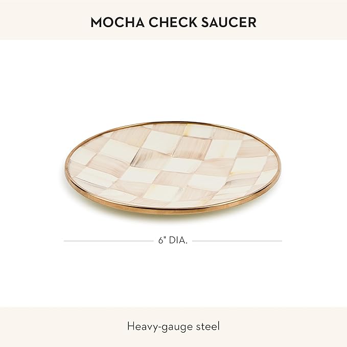 MACKENZIE-CHILDS Enamel Saucer, Small Coffee and Tea Cup Saucer, Brown-and-White Mocha Check