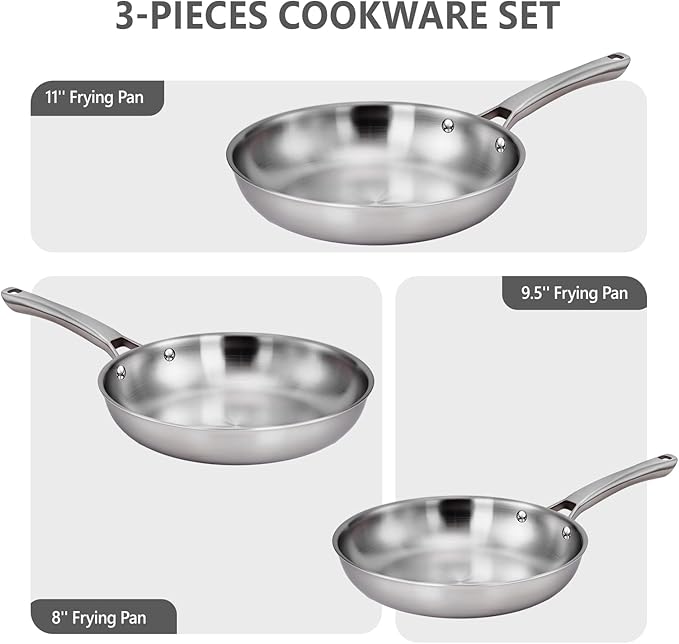 VINGLI 8'' 10'' 12'' Stainless Steel Frying Pan Set, Tri-Ply Skillets Set, Non-Toxic Chef's Pan, PFOA & PTFE Free Skillets, Compatible for All Cooktops, Dishwasher & Oven Safe (3-Pcs SKillets Set)