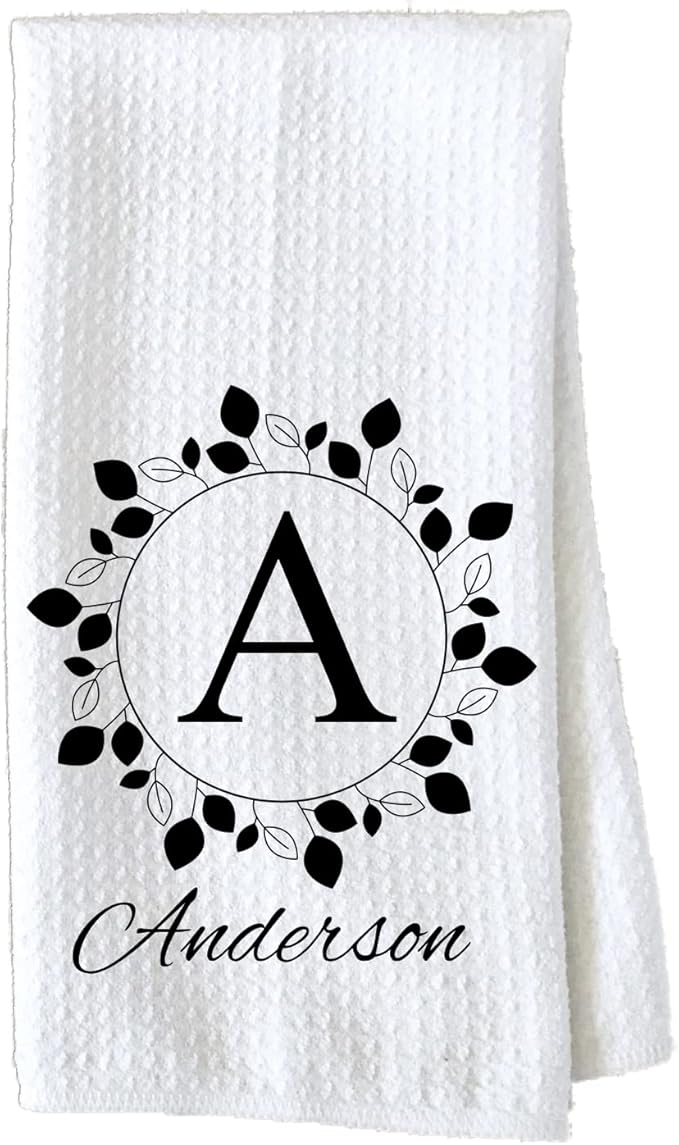 Personalized Kitchen Towel | Custom Tea Towel | Family Name Dish Towel | Kitchen Decor | Hand Towel | Housewarming Gift | Monogram Dishcloth (Wreath 4)