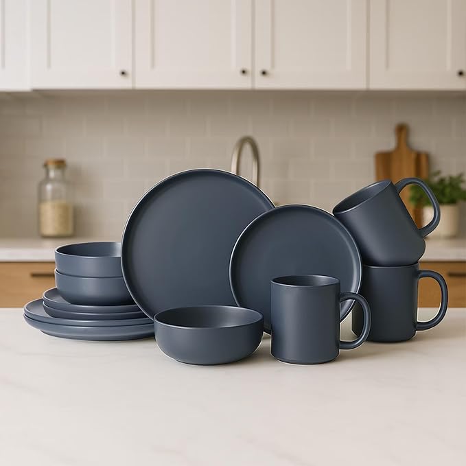 12-Piece Stoneware Dinnerware Set with Mugs | Microwave and Dishwasher Friendly | Stackable Matte Glaze Plates & Bowls | Service for 3 (Blue for 3)