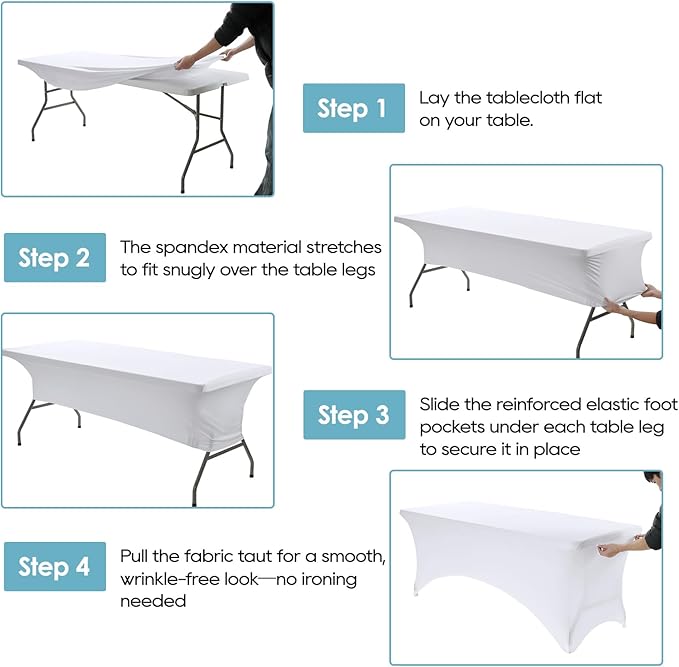 VidaFVidaFete Spandex Tablecloth 2 Pack 4FT, Fitted Stretch Table Cover for Rectangle Tables, Wrinkle Resistant and Washable Tablecloths for Outdoor, Picnic, Party, Wedding, Banquet, Birthday, White