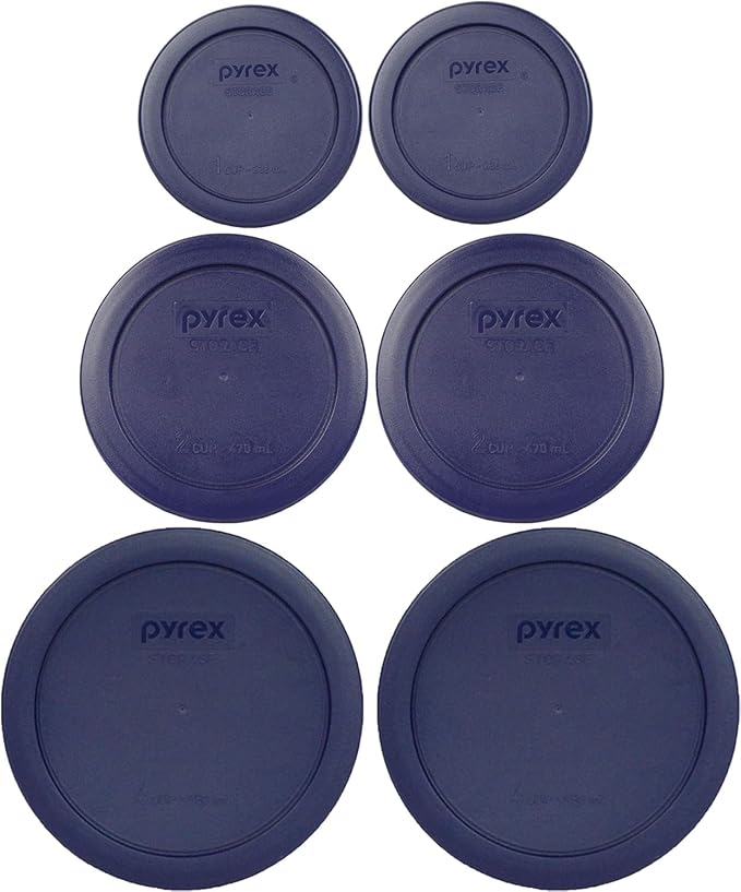 Pyrex (2) 7202-PC 1-Cup, (2) 7200-PC 2-Cup, & (2) 7201-PC 4-Cup Blue Food Storage Replacement Lids - Made in USA