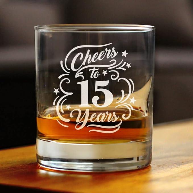 Bevvee Cheers to 15 Years - Whiskey Rocks Glass Gifts for Women & Men - 15th Anniversary Party Decor - 10.25 Oz Glasses