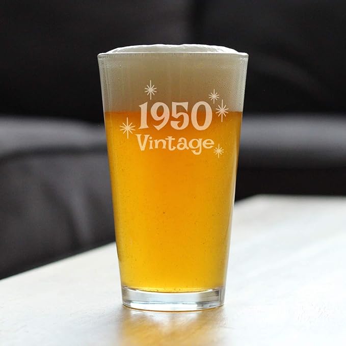 Bevvee Vintage 1950 Pint Glass for Beer - 76th Birthday Gifts for Men or Women Turning 76 - Fun Bday Party Decor - 16 oz