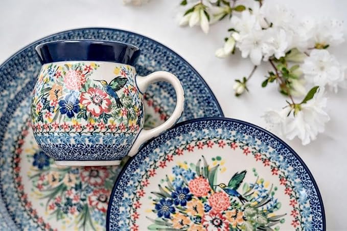 Blue Rose Polish Pottery - Red Hummingbird Bubble Mug - 16 oz - Unique Shape Mug for Coffee & Tea