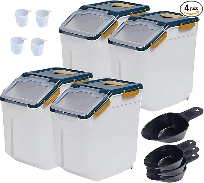Large Flour Storage Container Bin 25lb,4 Pack Airtight Rice Storage Containers with Wheels Seal Locking Lid BPA Free with Measuring Cup,Scoop for Flour, Rice, Grain, Dry Food - Dark Blue