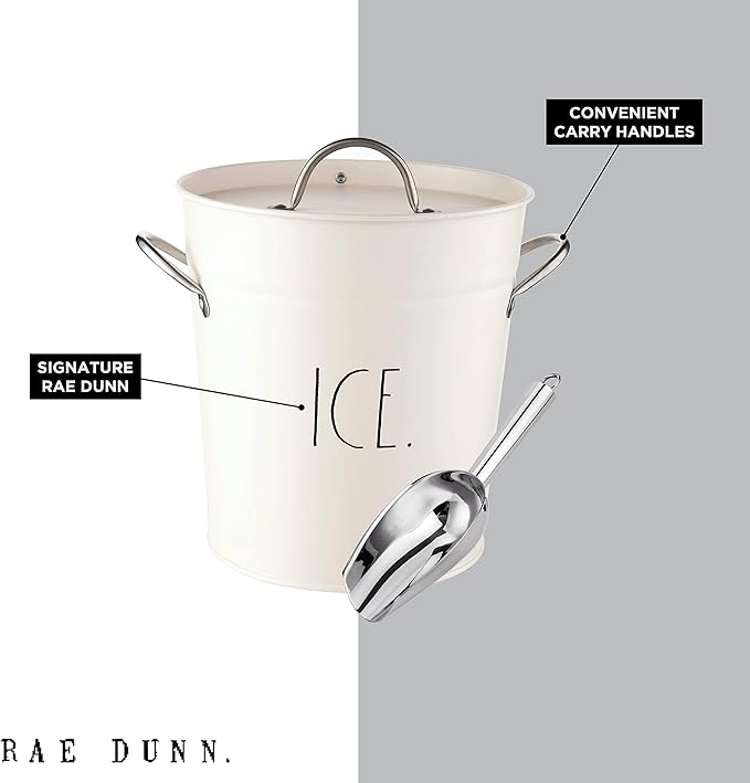 Rae Dunn Ice Bucket with Scoop - Stainless Steel Bucket with Handle, Lid and Ice Scooper - 4 Qt. Storage Bin for Ice Cubes for Bars, Parties, Backyard Barbeques, Picnics, and Camping (White)