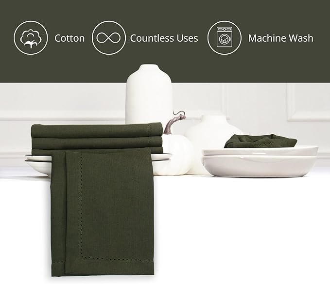 PurpleEssences Set of 12 Hemstitch Cloth Dinner Napkins 100% Cotton - Soft Durable Washable - Ideal for Wedding Christmas Holiday Winter - Perfect Everyday Use Table Linen 18x18 - Olive Green