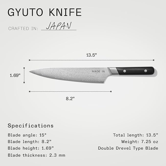Made In Cookware - 3-piece Japanese Damascus Steel Knife Set (Includes Gyuto, Nakiri and Santoku) - 66 Layers of Damascus Steel with a VG-10 Core - Crafted in Japan - Full Tang With Black POM Handle