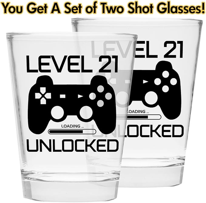 Level 21 Unlocked - Birthday Shot Glass - Celebrate Turning Twenty-One- 21st Birthday Shot Glass for Him/Her - Shot Glass for 21st bday (Pack of 2)