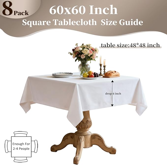 8 Pack White Square Tablecloth 60x60 Inch Table Cloth for Square Tables, Wrinkle Resistant Washable Polyester Fabric for Dining Banquet Wedding Party