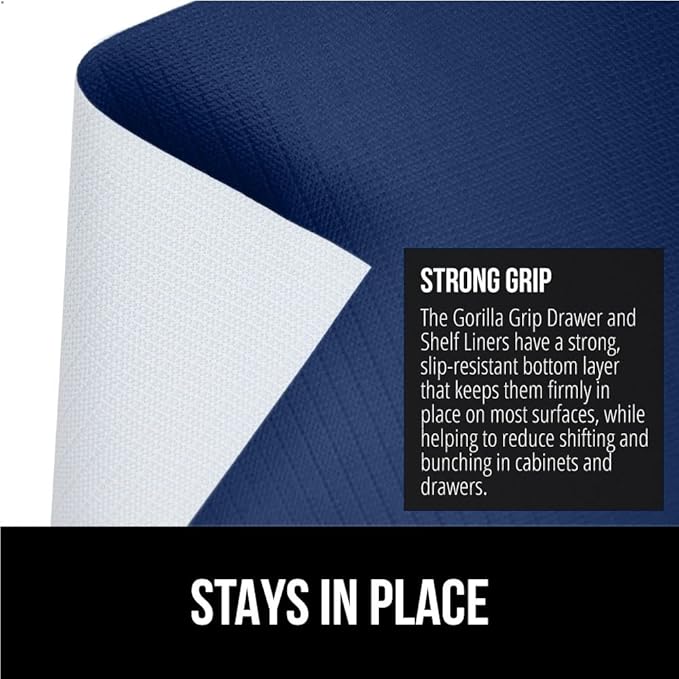 GORILLA GRIP DripGuard Shelf Liner, Non Adhesive Drawer and Kitchen Cabinet Protector, Slip Resistant BPA Free Smooth Surface Plastic Liners for Cabinets, Bathrooms, Closets, 17.5x120 Inch, Navy Blue