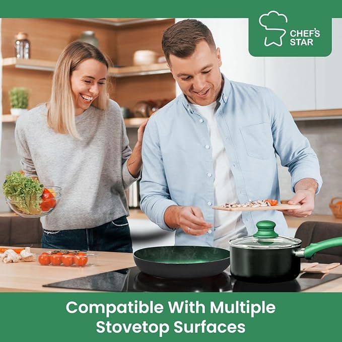 Chef's Star Pots And Pans Set Kitchen Cookware Sets Nonstick Aluminum Cooking Essentials 11 Pieces Green