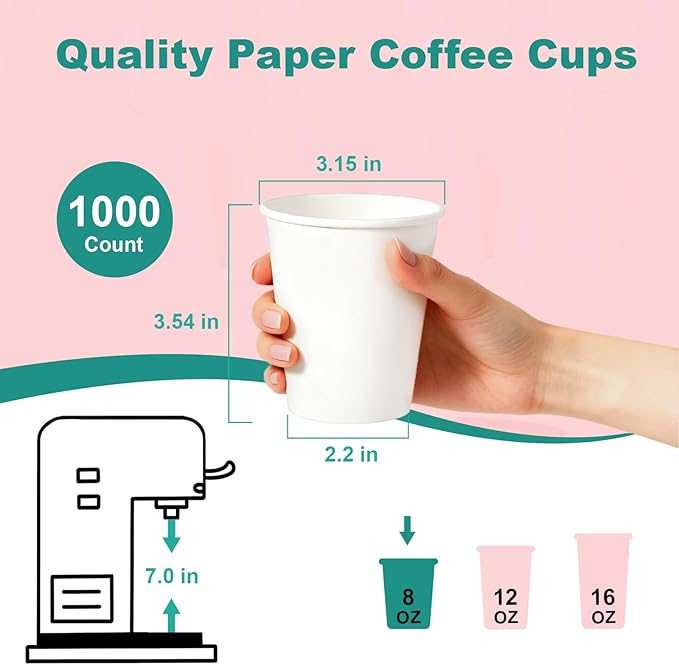 8 oz 500 Pack Disposable Coffee Cups, Bulk White Disposable Paper Cups, Coffee Cups for Hot Tea, Chocolate and Cold Drinks