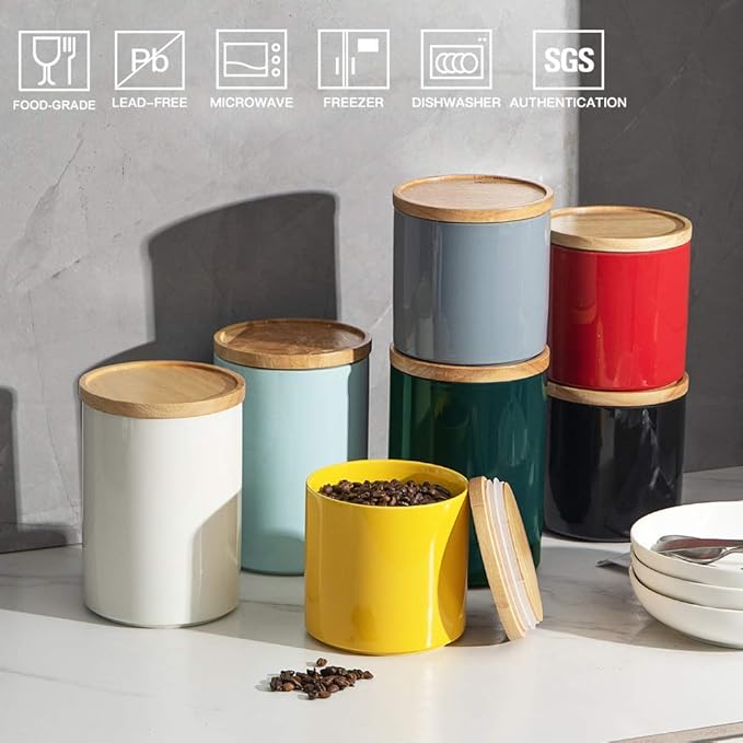 Sweejar Kitchen Canisters Ceramic Food Storage Jar Set, Stackable Containers with Airtight Seal Wooden Lid for Serving Ground Coffee, Tea, Herbs, Grains, Sugar, Salt - Set of 4 (White)