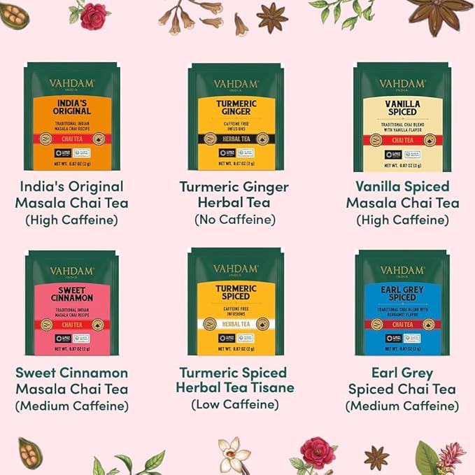 VAHDAM, Assorted Chai Tea Variety Pack (6 Delicious Flavors, 36 Eco Friendly Pyramid Tea Bags) Caffeinated, Gluten Free, Non GMO | Indian Masala Chai Tea Blends | Tea Gift Set for Men and Women
