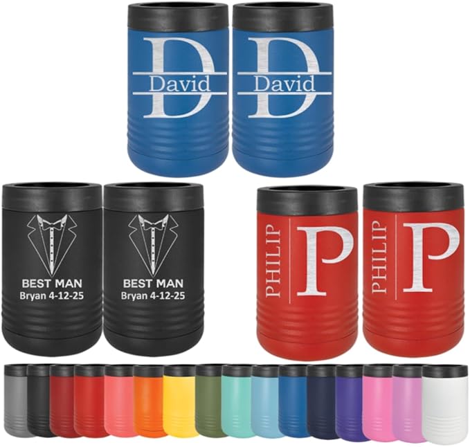 Personalized Groomsmen Insulated Can Cooler Set - Custom Groomsmen Gifts - Personalized Wedding Can Cooler - Beer Can Holder Wedding Favors - Stainless Steel Double Wall Vacuum Insulated Can Holder