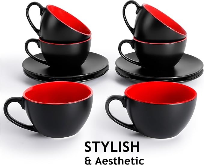 MIAMIO - Set of 6, Ceramic Stackable Cappuccino Cups Set / 6 Ounce Cappuccino Mugs and Saucer with Metal Stand for Coffee Drinks, Cafe, Latte, Americano and Tea - Le Papillon Collection (Red)