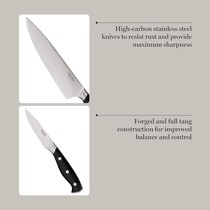 Martha Stewart Greeley 14 pc Triple- Riveted Cutlery Knife Acacia Wood Block Set w/Comfort Grip Handles- Black