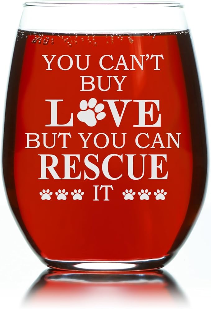 C M - You Can't Buy Love But You Can Rescue It Stemless Wine Glass, 17 oz - Gift for Cat and Dog Lovers