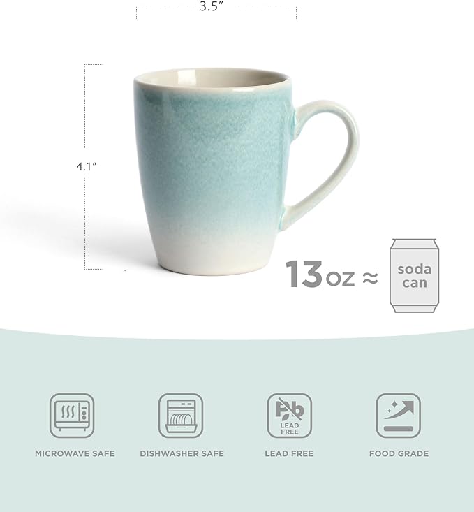 famiware Coffee Mugs Set, 13 oz Mug Set of 6, Stoneware Cups for Latte, Hot Tea, Mocha, Cocoa, Cappuccino, Microwave and Dishwasher Safe, Glacier Series, Aqua