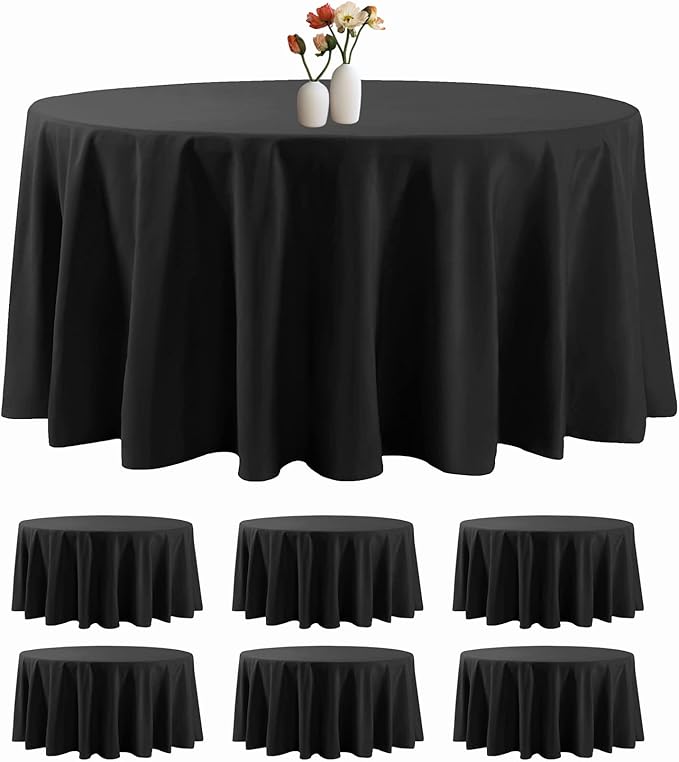 6 Pack Round Tablecloth 132 Inches Black Table Cloth Stain and Wrinkle Resistant Washable Polyester Fabric Table Cover for Party, Wedding and Banquet Decoration