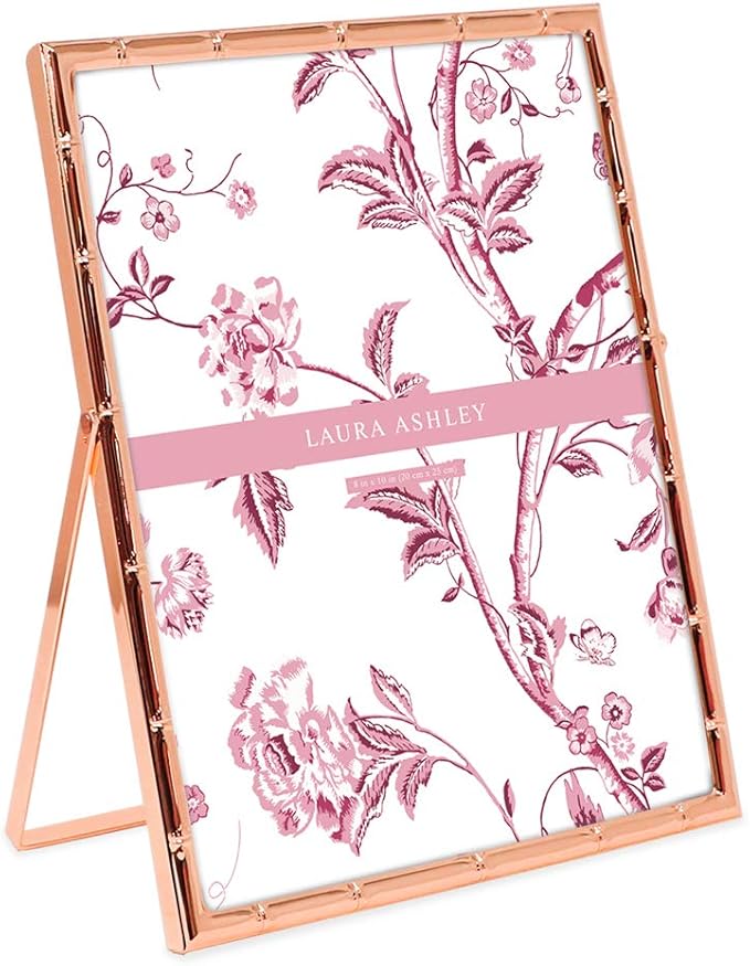Laura Ashley 8x10 Rose Gold Bamboo Metal Picture Frame (Vertical) with Pull-Out Easel Stand, Made for Tabletop, Counterspace, Shelf and Desk
