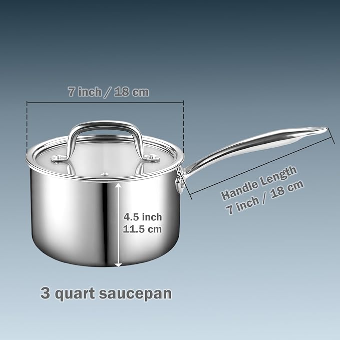 Cook N Home Stainless Steel Saucepan 3 Quart, Tri-Ply Full Clad Sauce Pan with Glass Lid, Silver