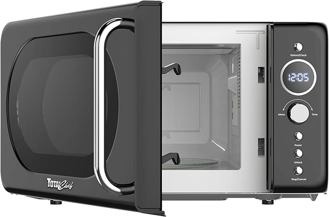 Total Chef Retro Microwave Oven | 20L / 0.7 Cu Ft | Quick Start & Defrost By Weight/Time | 8 Pre-set Cooking Modes For Coffee, Rice, Pasta, Potato, Reheat, Fish, Pizza, Popcorn | 700W | Black