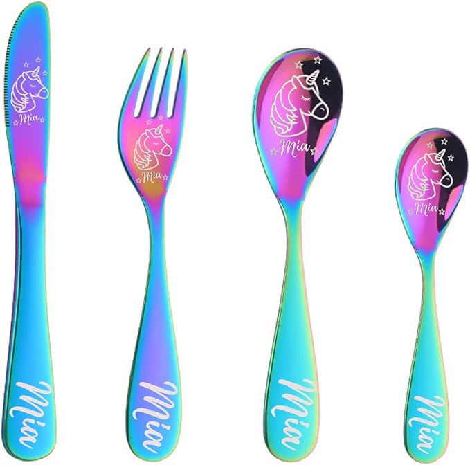 Personalized Dinosaur Unicorn Cutlery Set of 3/4, Laser Engraved Custom Name Engraved Spoon Knife Fork Set - 8 Colors Children's Stainless Steel Cutlery Set for Kitchen Gift for Children, Kids Size