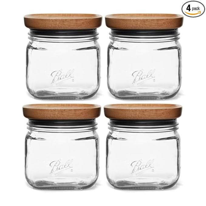 Ball Stack & Store Glass Mason Jars with Wooden Lid, Used for Pantry, Cookies, Flour, Cereal, Rice, Sugar, Tea, Coffee Beans, Spices, Square, 4-Cup (Pack of 4)