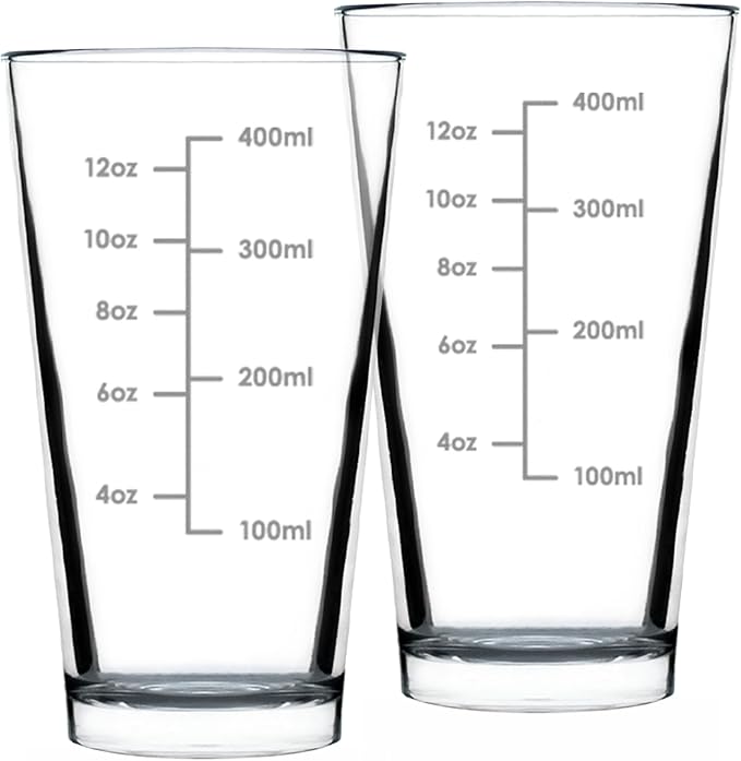 Bevvee Mixing Glass Measuring Cup - Pint Glass for Bar - Engraved Measurement Lines for Cocktails & Portion Control - Ounces and Metric - Set of 2-16 oz Glasses