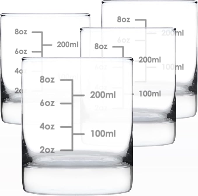 Bevvee Cocktail Measuring Cup - Whiskey Rocks Glass - Engraved Measurement Lines for Bartender & Portion Control - Ounces and Metric - Set of 4-10.25 oz Glasses