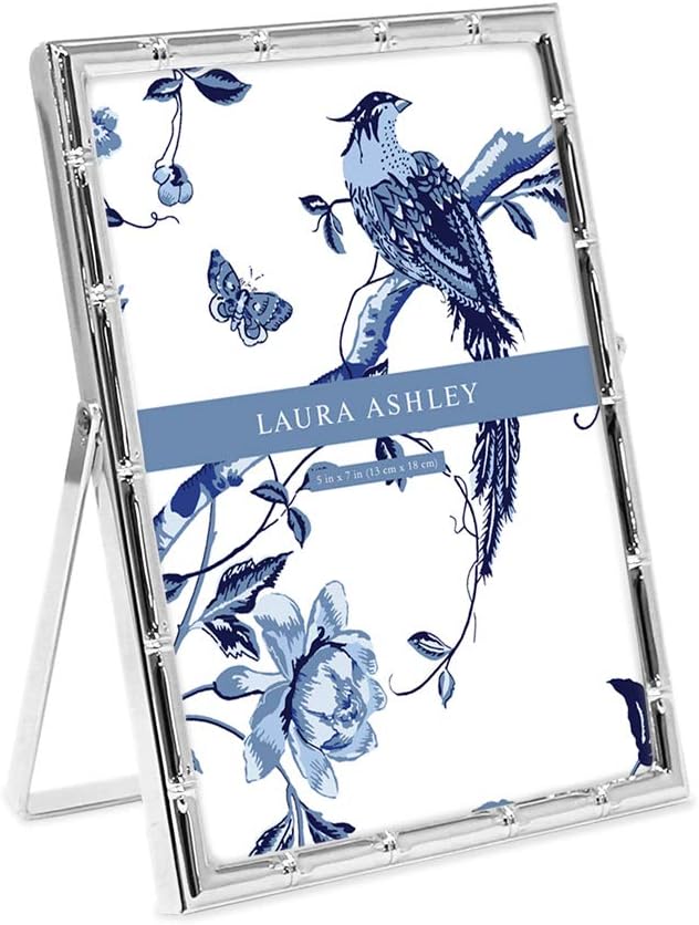 Laura Ashley 5x7 Silver Bamboo Metal Picture Frame (Vertical) with Pull-Out Easel Stand, Made for Tabletop, Counterspace, Shelf and Desk
