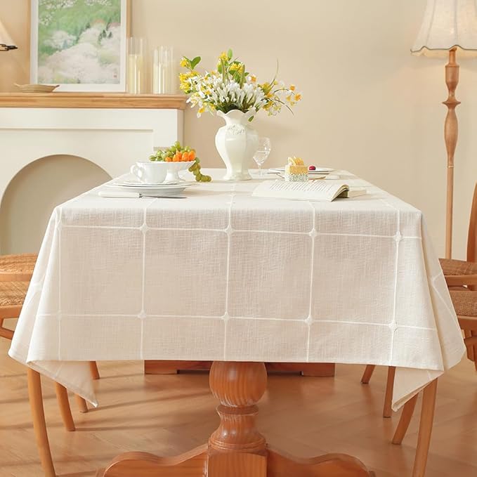 Zobesta Linen White Table Cloth Rectangle Table 53 x 70 Inch, Washable Farmhouse Boho Gingham Tablecloth Rectangle for Wedding, Kitchen, Picnic, Outdoor
