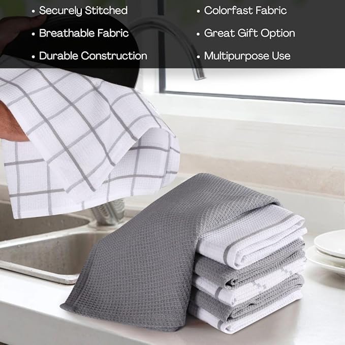 Assorted Waffle Kitchen Dish Towels 100% Cotton Set of 6, Soft Absorbent Quick Drying Table and Kitchen Linen, Tea Towels and Cleaning Towels with Hanging Loop, Dish Towels 15x25 Grey