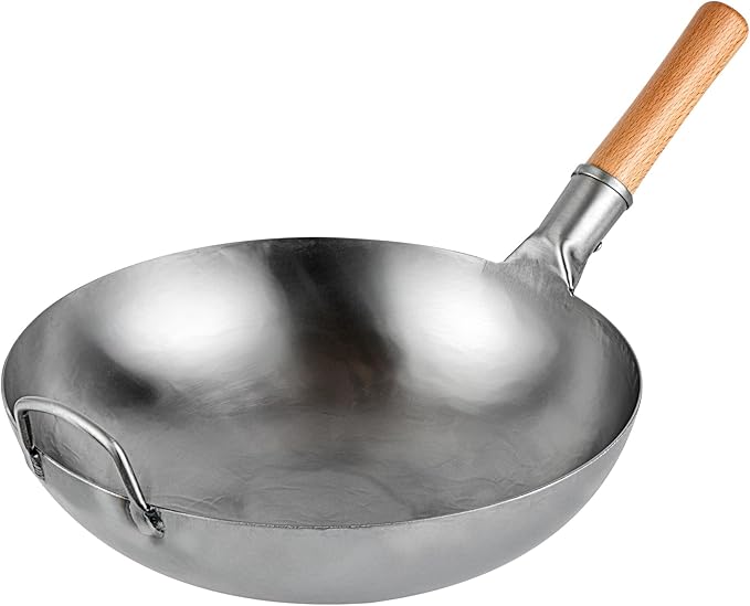 Motomori 14 Inch Hand-Hammered Carbon Steel Wok, 10 Traditional Japanese Wok - Flat Bottom, Wooden Handle, Black Carbon Steel Traditional Stir Fry Pan, With Helper Handle - Restaurantware