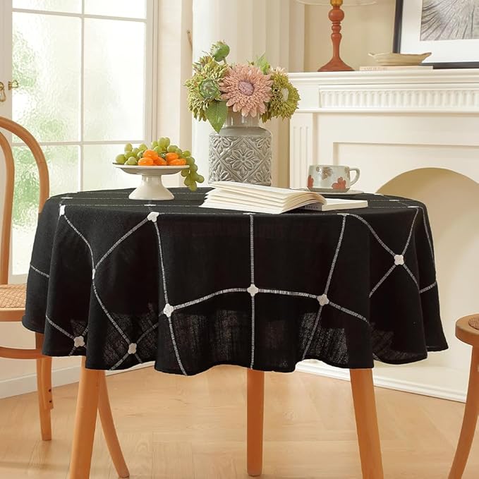 Zobesta Linen Table Cloth Round Tablecloth 53 inch, Washable Farmhouse Soft Boho Black Plaid Round Table Cloth for Party, Holiday, Picnic, Dining, Outdoor