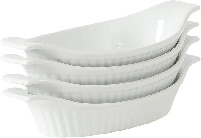 Gibson Home Gracious Dining Oval Au Gratin Baking Dishes, 4-Piece Set – 9 oz Oven Safe Banana Split Bowls, Ceramic Small Casserole Dishes with Handles, Microwave & Dishwasher Safe Mini Bakeware, White