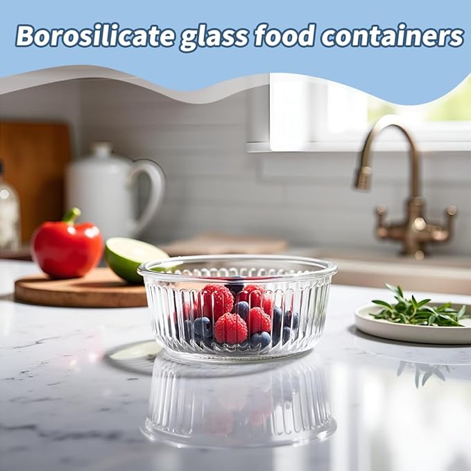1.5 cup Round Glass Food Containers with Lids and Spoon, 12oz Glass Food Storage Containers set, Small Round Meal Prep Bowls for kitchen, Office, Outdoor. Microwave, Freezer, Dishwashe safe