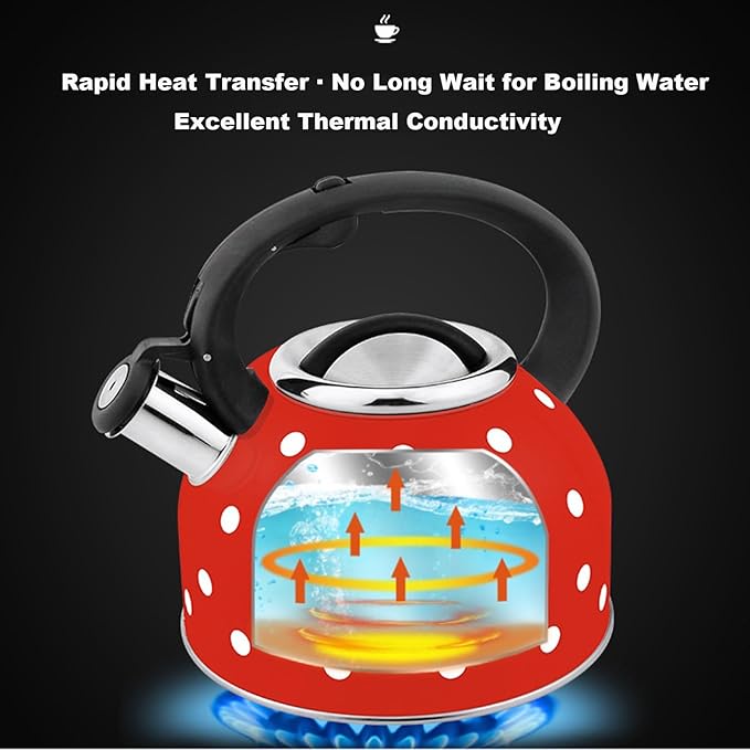 Red and White Polka Dot Tea Kettle, Cute Whistling 2.6 Quarts Tea Pot for Stove Top, Stainless Steel Teapot Stovetop with Cool Grip Ergonomic Handle Gas & Electric Stove Safe(2.5L)