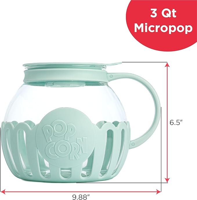 Ecolution Patented Micro-Pop Microwave Popcorn Popper with Temperature Safe Glass,3-in-1 Lid Measures Kernels and Melts Butter,Made Without BPA,Dishwasher Safe,3-Quart,Aqua,(Pack of 4)