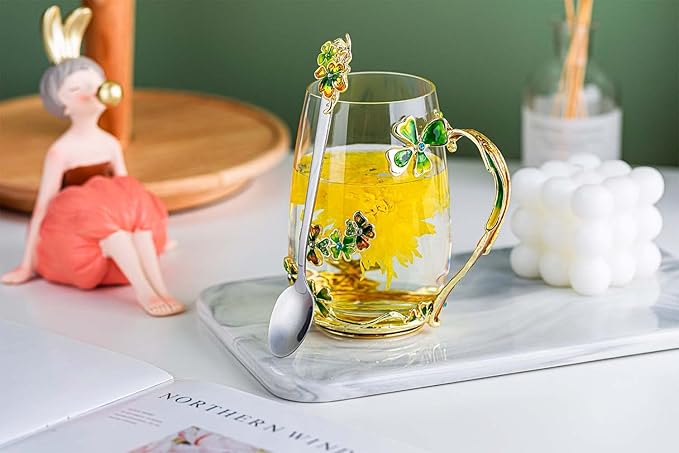 Luka Tech four-leaf clover flower Glass Coffee Mugs Tea Cup with Spoon, Unique Gifts For Women Wife Mom Friends Birthday Mothers Valentines Day Christmas (Green)