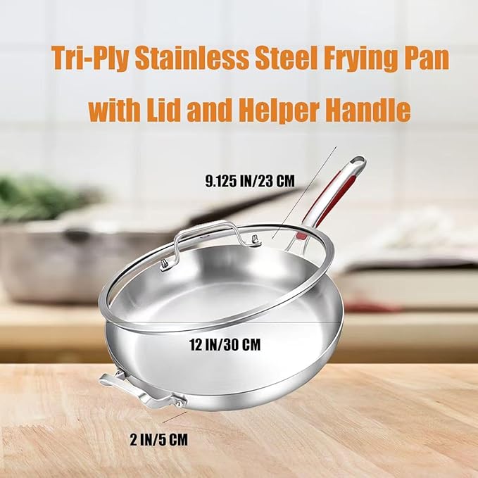 Inqibee 12-Inch Tri-Ply Stainless Steel Frying Pan with Lid and Helper Handle,Skillet,Chef's Pan,Induction Cooking Pan,Heavy Duty and Detachable Handle.