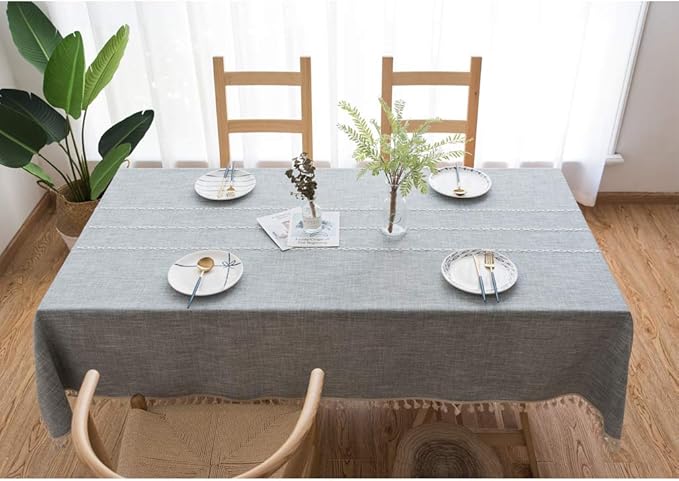 Pahajim Striped Tablecloth Rectangle with Tassels Thick Linen Cotton Table Cloth for Outdoor Picnic Dining and Holiday Kitchen Decor Rectangle/Oblong,55''x94'', 6-8 Seats