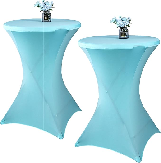 2 Pack 24x43 Inch Azure Cocktail Tablecloth Spandex Round Fitted Table Cover for Wedding Banquet Event Party