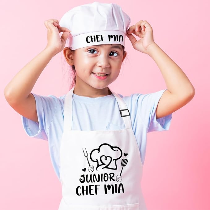 Custom Kids Apron Set with Hat, Waterproof Adjustable Apron with 2 Pockets for Cooking, Baking, Painting & Art, Personalized Christmas Gift for Daughter, Son, Granddaughter
